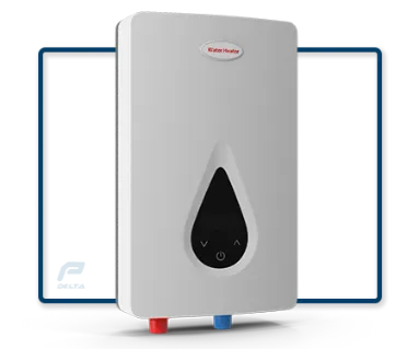 3D illustration of a water heater featuring the Delta P Cheektowaga NY logo