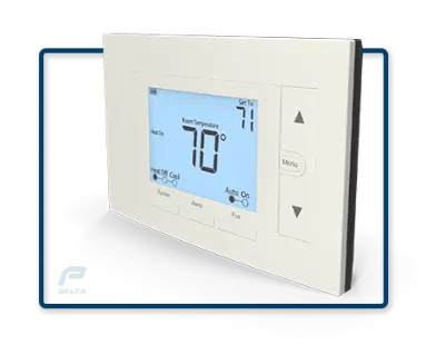 3D rendering of a smart thermostat featuring the Delta P NY company logo