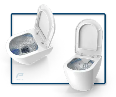 two 3d modern toilets displayed on the plumbing near me in cheektowaga ny landing page by delta p