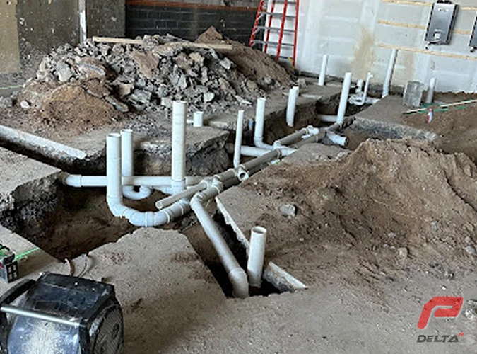 commercial new sewage pipes installation with deta p ny logo