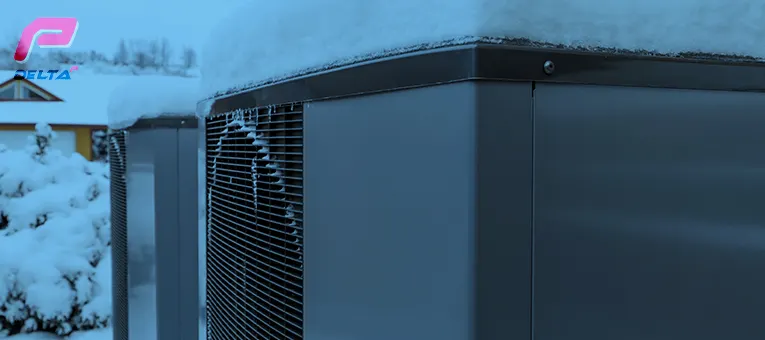 image of ac unit under the snow during long winters for delta p web page for anyone searching ac repair near me