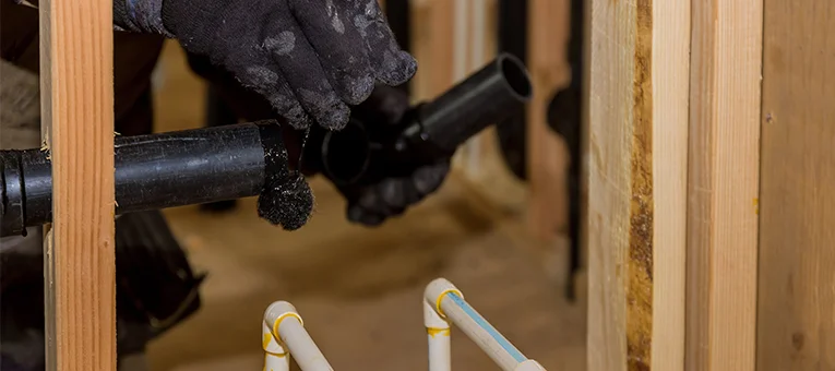 plumber gluing two pieces of drain pipe