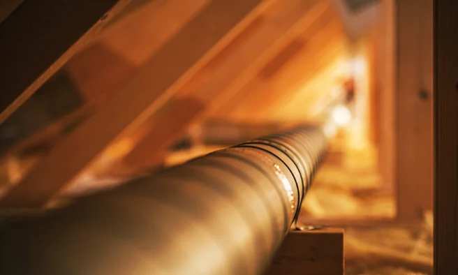 wooden attic structure with pipe running through it